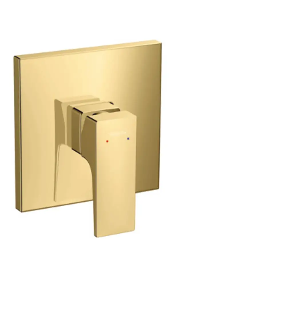 Hansgrohe Einhebel-Brausemischer in glänzender Goldoptik, Unterputzmontage mit Hebelgriff, ausgestattet mit Farbmarkierungen für Warm- und Kaltwasser.